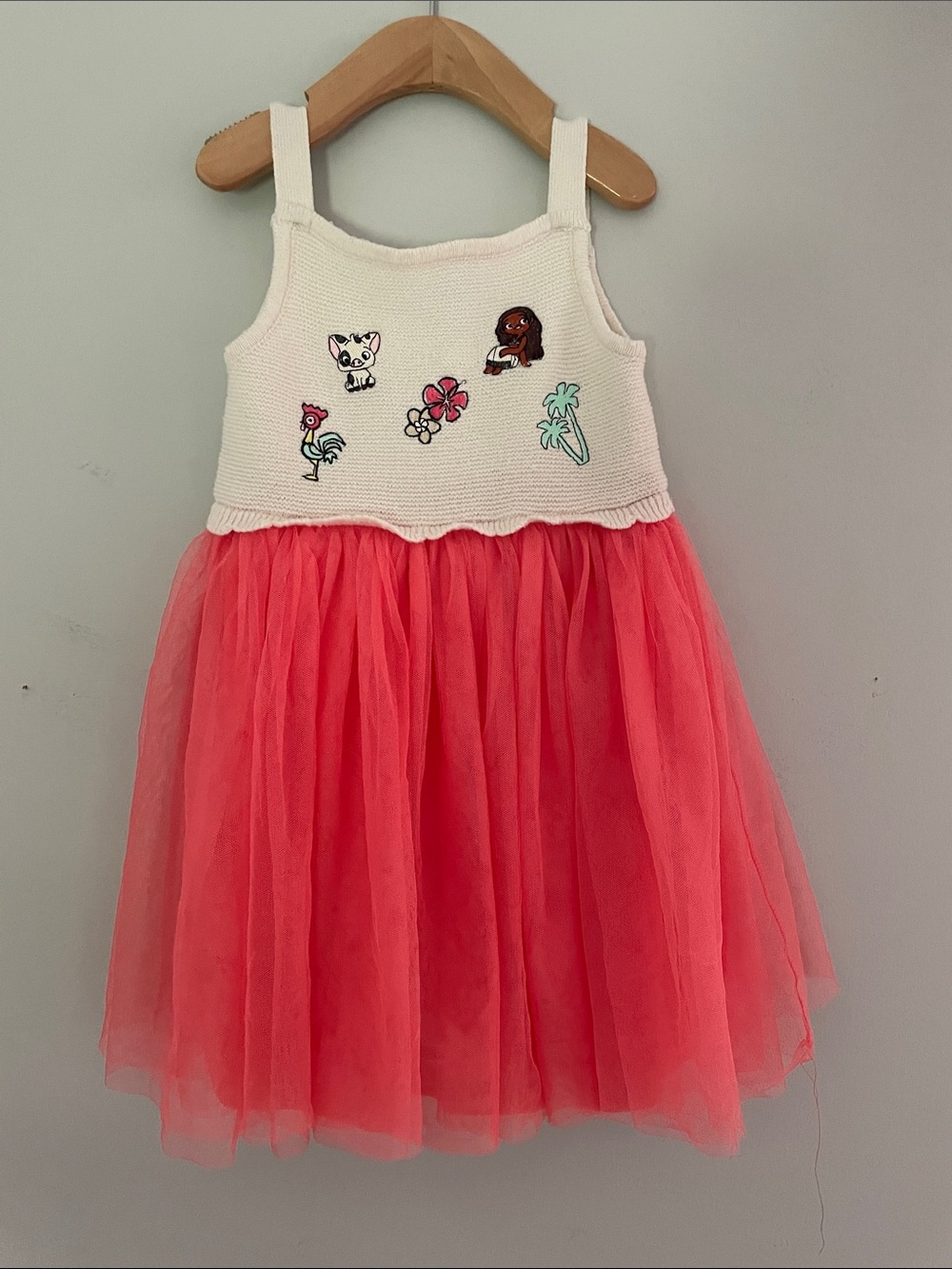 Disney Moana White Knit Bodice Coral Pink Tulle Dress with Embroidered Motifs